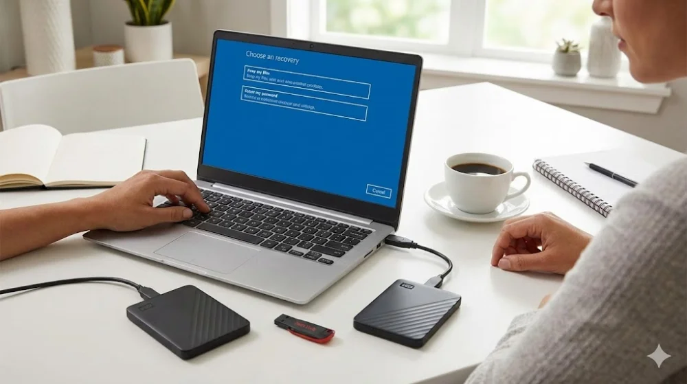 Екран ноутбука з меню відновлення Windows та опцією «Зберегти мої файли». Поруч підключені зовнішні диски та USB-флешка