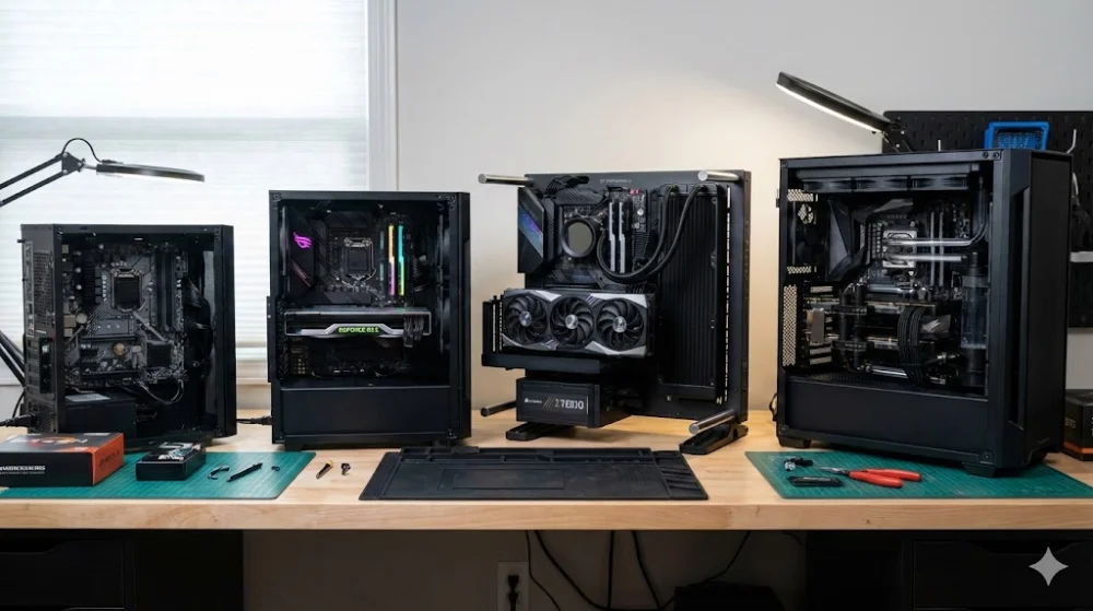 Фото робочого столу з чотирма ПК різної потужності на базі чіпсетів H, B, Z та X, інструментами та комплектуючими.