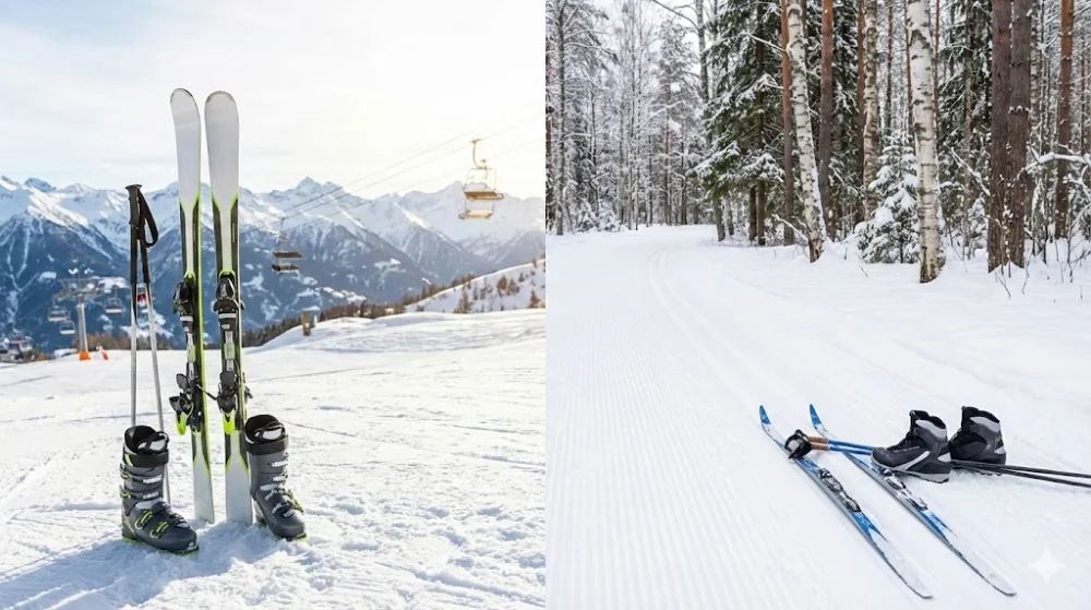 Фотоколаж: зліва комплект гірських лиж на курорті, справа спорядження для бігових лиж у зимовому лісі