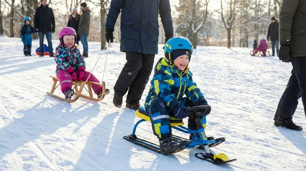 Хлопчик на синьому снігокаті та дівчинка на дерев'яних санках у шоломах під час прогулянки в парку
