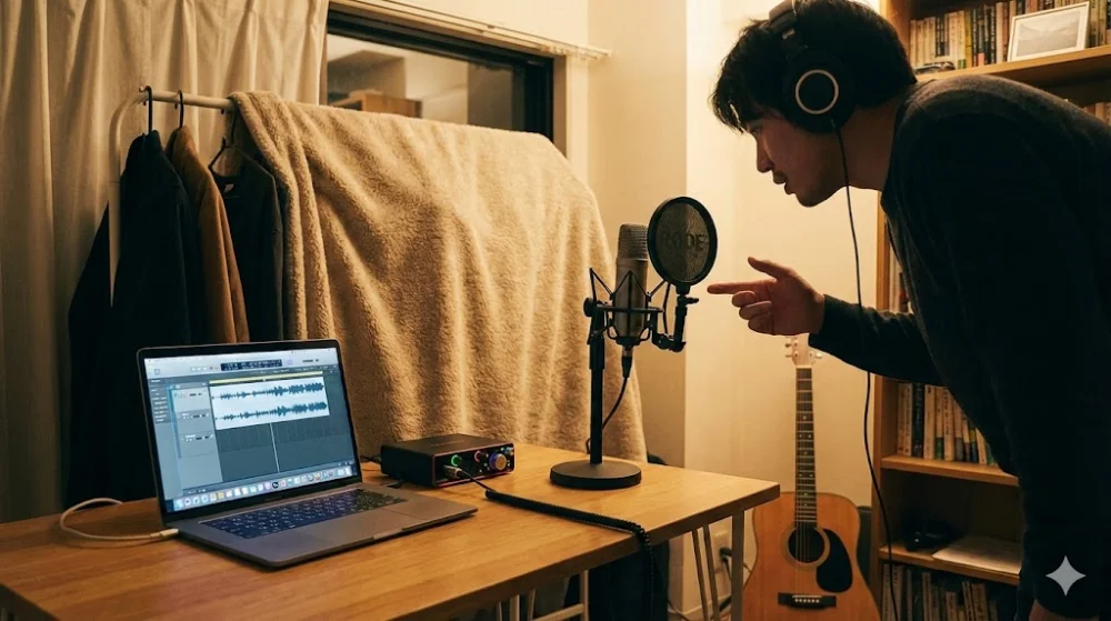 Чоловік у навушниках записує звук через мікрофон у домашній студії з ноутбуком та аудіоінтерфейсом