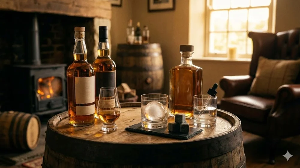Дегустаційний набір віскі, келихи та камені для охолодження на дубовій бочці в затишному інтер'єрі