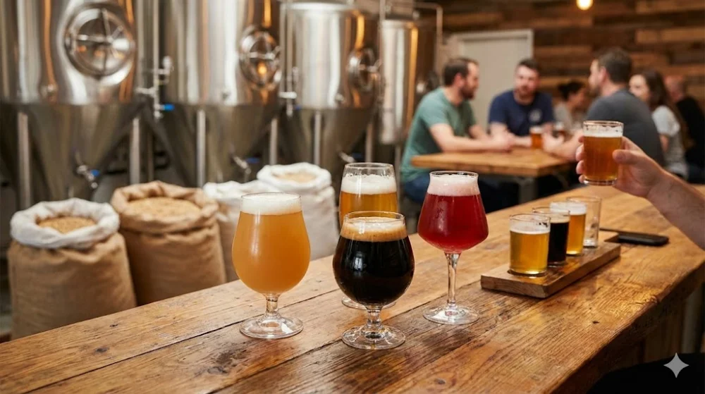 Дегустаційний сет та різні стилі крафтового пива (стаут, IPA, сауер) у спеціальних келихах на броварні
