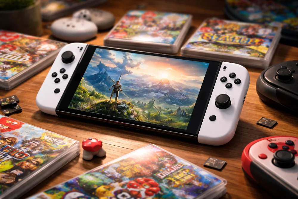 Портативна консоль Nintendo Switch 2 з геймпадами та іграми на екрані у домашньому ігровому середовищі