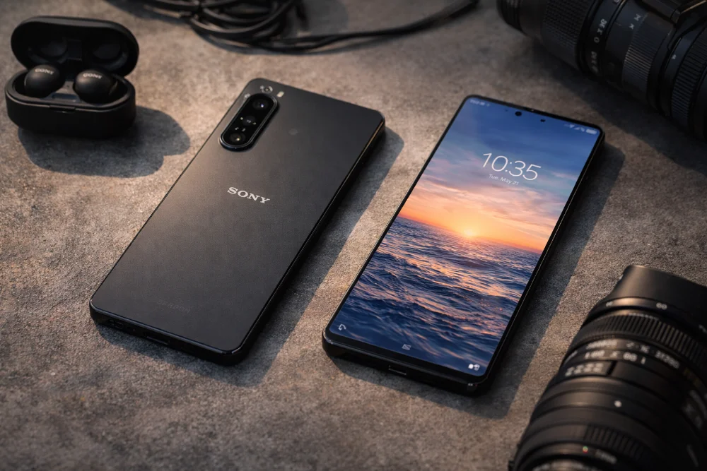 Sony Xperia 1 VI з потрійною камерою поруч із бездротовими навушниками та фотолінзою на робочій поверхні
