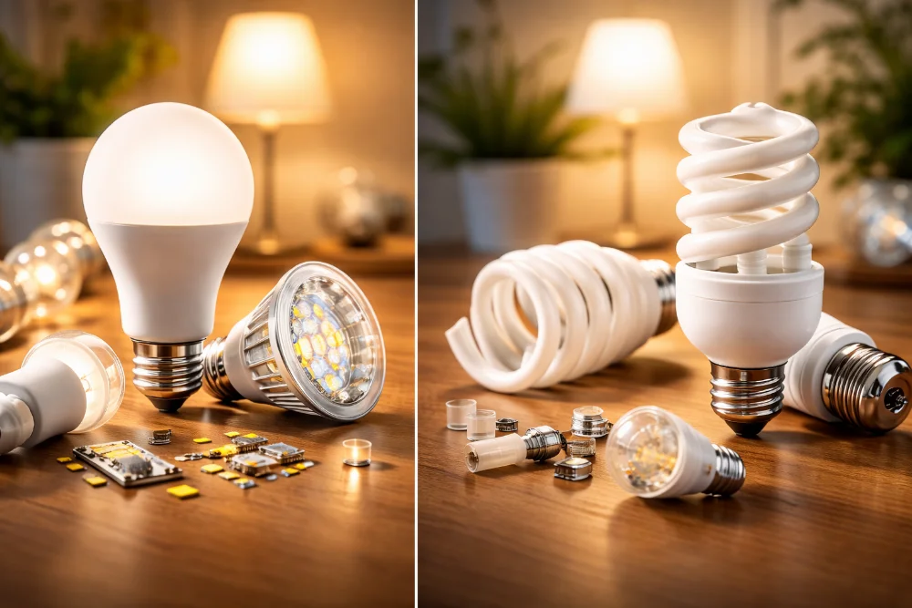 LED і люмінесцентні лампи на столі у домашньому інтер’єрі для порівняння освітлення