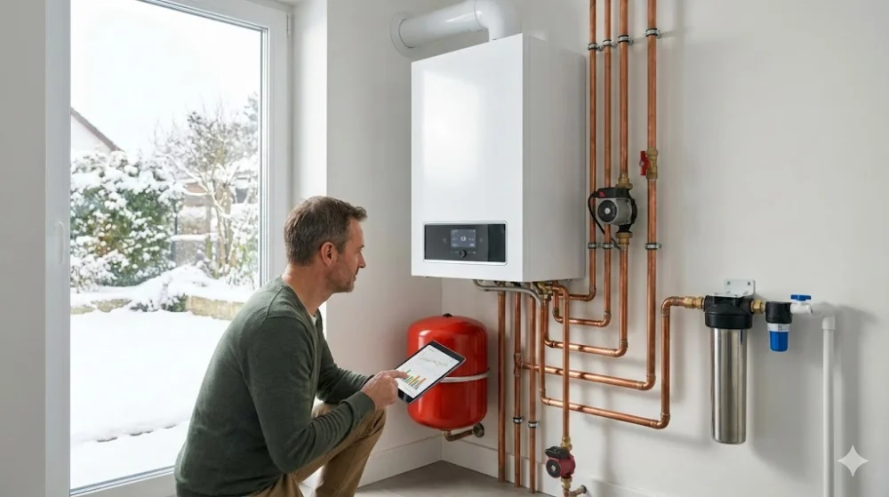 Чоловік з планшетом біля сучасного газового котла з обв'язкою та розширювальним баком у приватному будинку взимку