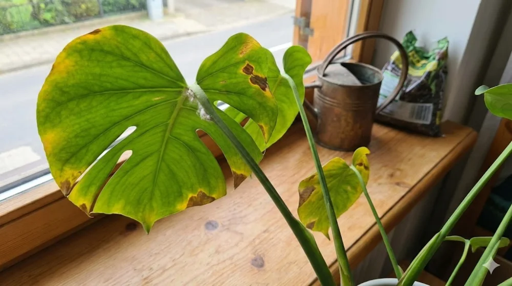 Листок монстери з жовтими плямами та коричневими краями на підвіконні поруч із лійкою та субстратом