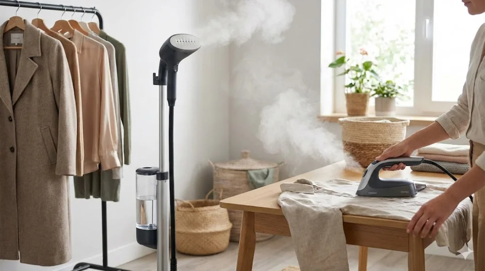 Жінка відпарює сорочку ручним відпарювачем, поруч стоїть увімкнений вертикальний відпарювач біля вішалки з одягом у світлій кімнаті