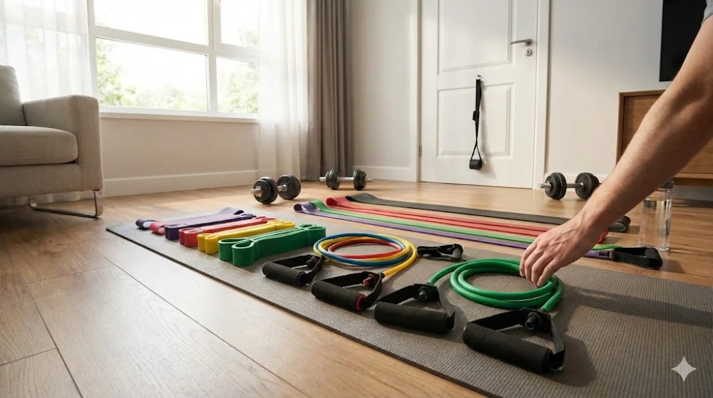 Рука обирає еспандер серед різних видів: трубчастих, стрічкових та петель різного опору на килимку для тренувань вдома