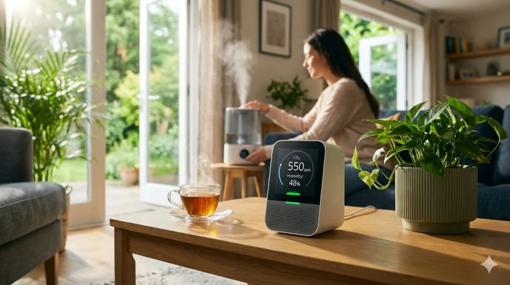 Монітор якості повітря показує CO2 550ppm та вологість 48%. Жінка позаду вмикає зволожувач у світлій вітальні з рослинами