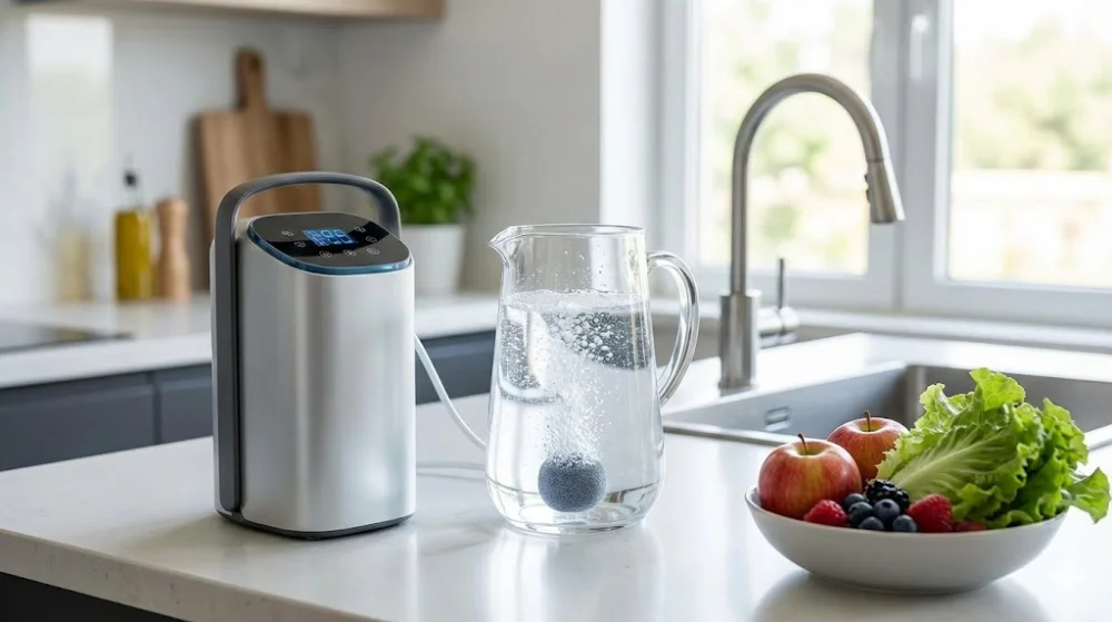 Побутовий озонатор на кухні озонує воду в скляному глечику. Поруч миска з фруктами та овочами
