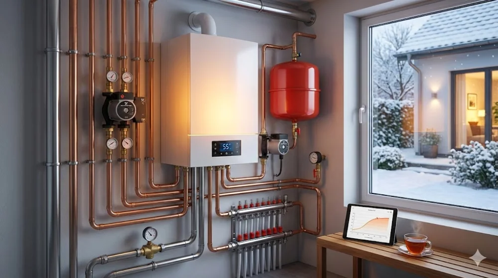 Сучасний настінний котел з мідними трубами та розширювальним баком у котельні на фоні зимового пейзажу за вікном