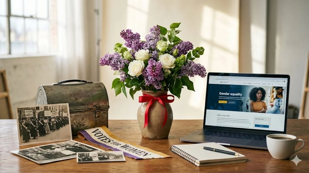 Композиція з ноутбуком, квітами та фотографіями суфражисток, що символізує розвиток прав жінок