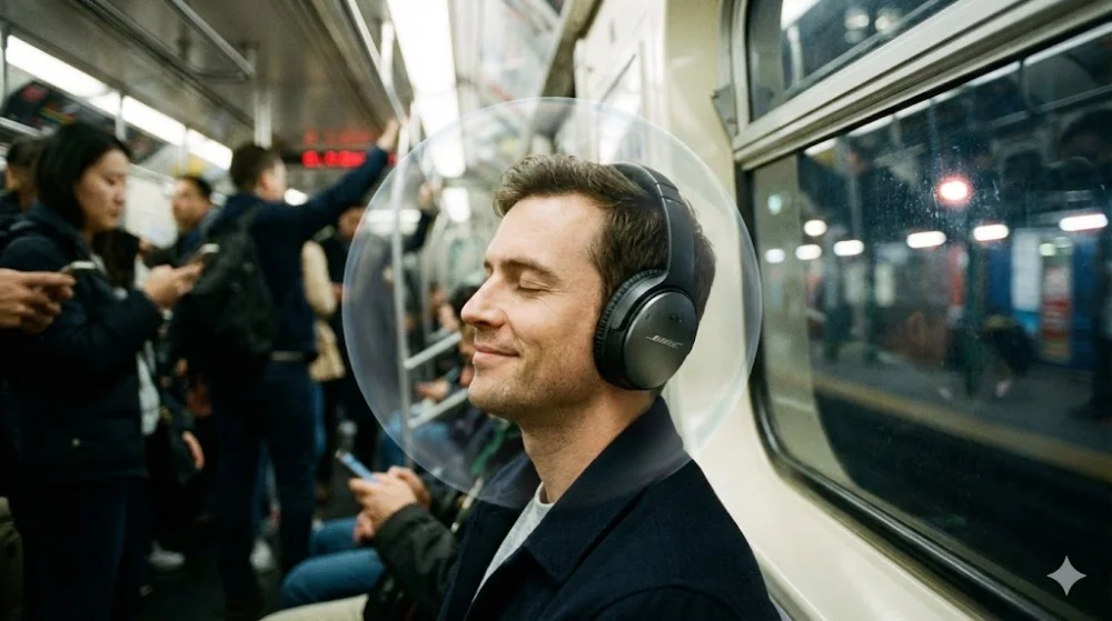 Чоловік у навушниках з ANC насолоджується тишею у переповненому метро, візуалізація ефекту шумозаглушення