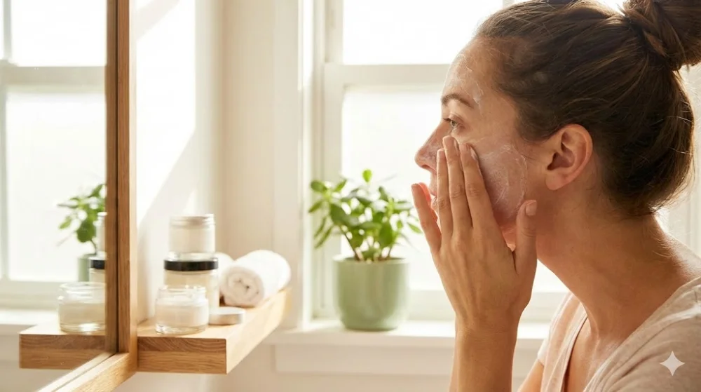 Жінка наносить крем на обличчя масажними рухами перед дзеркалом у світлій ванній кімнаті