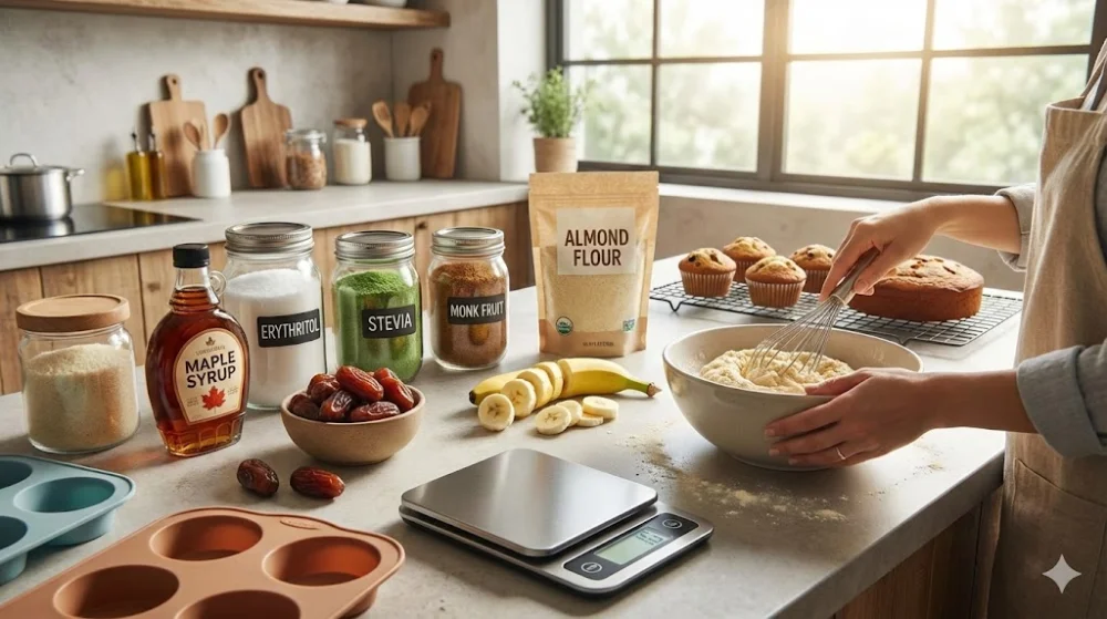 Приготування десертів із замінниками цукру, кухонними вагами та корисними інгредієнтами в сучасному інтер'єрі