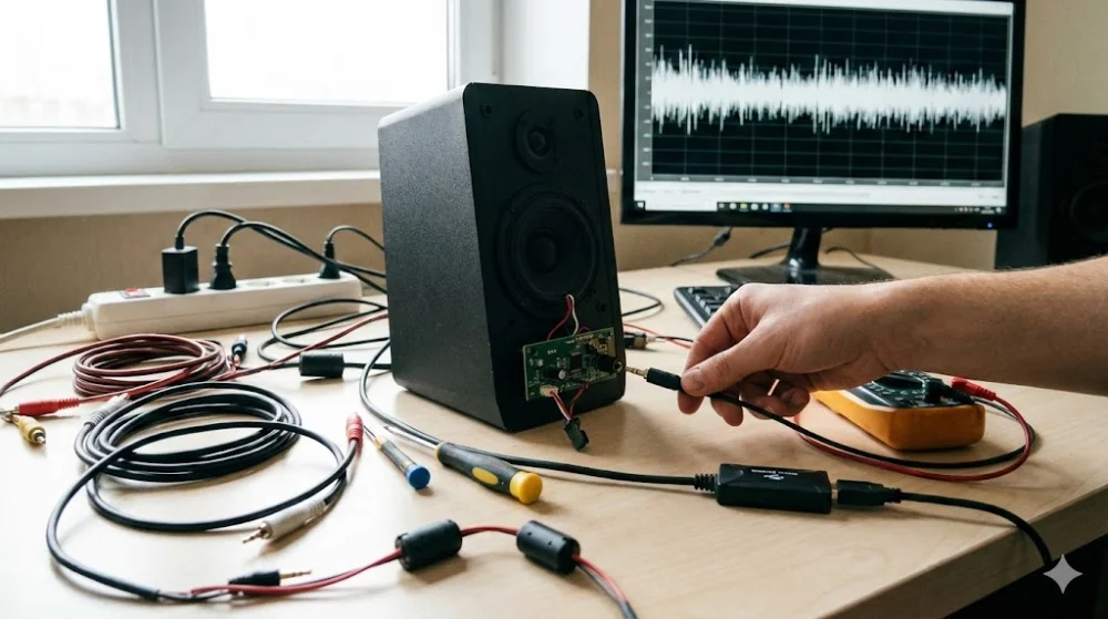 Перевірка аудіокабелів та налаштування колонок для усунення фонового шуму та рипіння звуку на комп'ютері