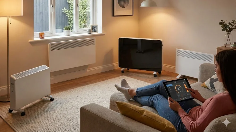 Сучасні настінні та підлогові електричні конвектори у вітальні з керуванням через планшет