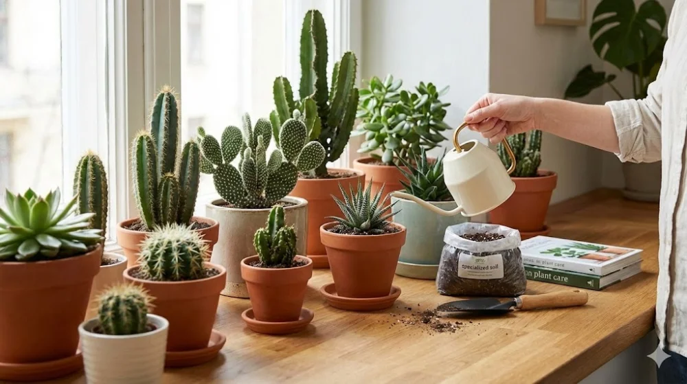 Людина поливає з лійки колекцію яктусів і сукулентів у горщиках на сонячному дерев'яному підвіконні. Поруч ґрунт та інвентар
