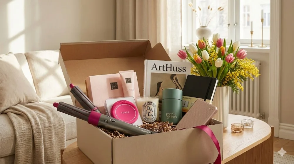 Відкрита коробка з подарунками: Dyson Airwrap, косметика Rituals, книга, гаджети та квіти на столі