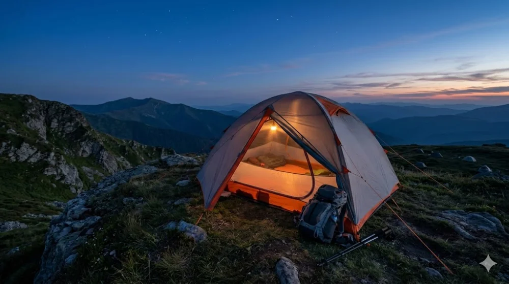 Сіро-помаранчевий намет з внутрішнім підсвічуванням на гірському хребті в сутінках. Поруч рюкзак та палиці