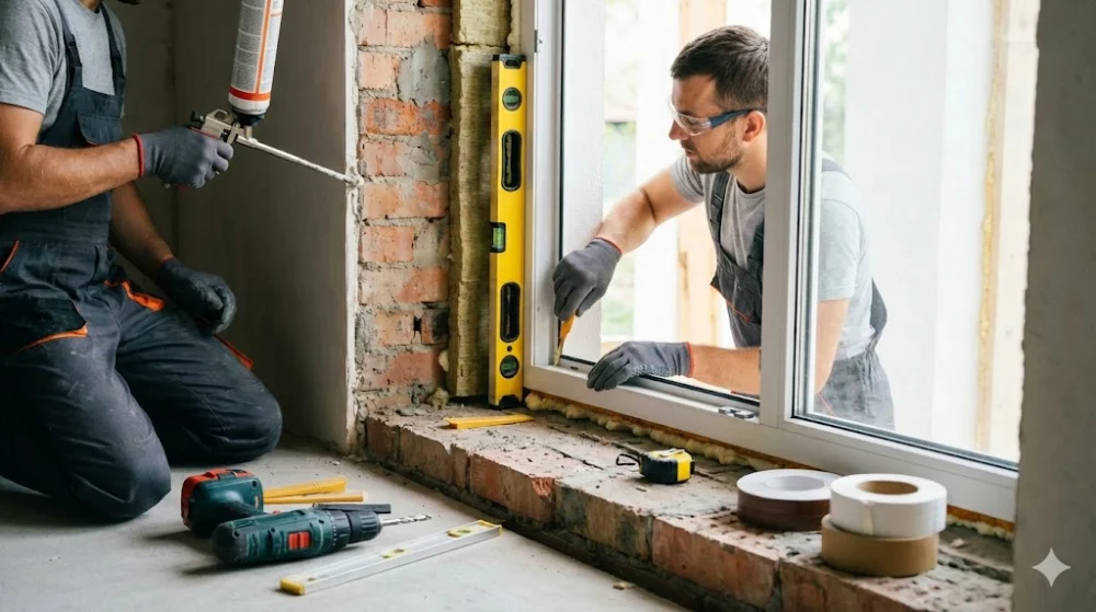 Процес монтажу вікна: два майстри встановлюють раму в цегляний отвір, використовуючи рівень та монтажну піну