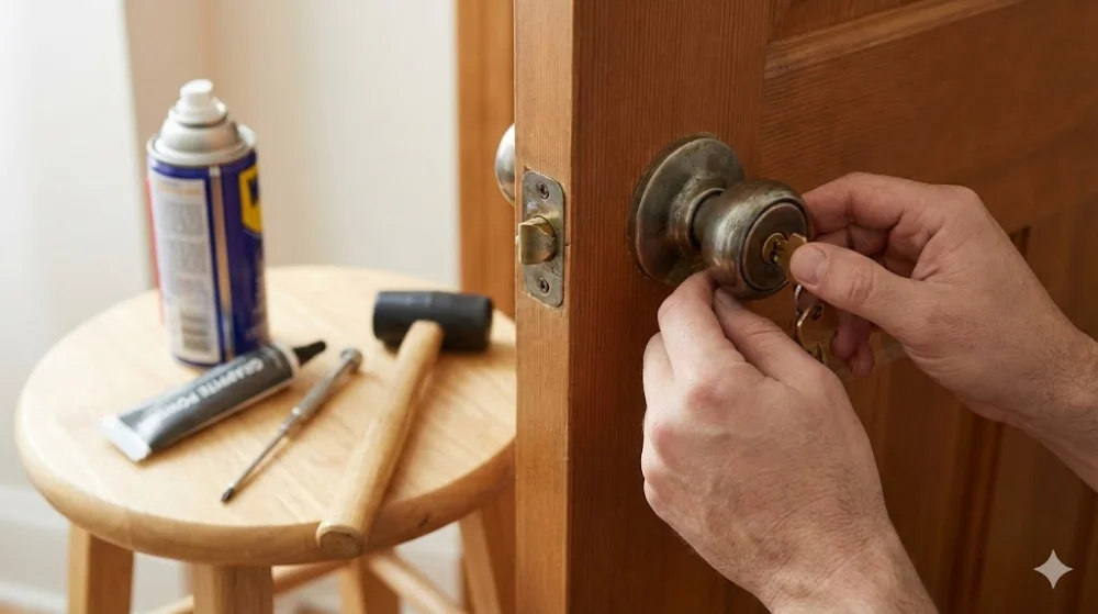 Руки вставляють ключ у заклинивший замок ручки. Поруч на стільці інструменти: мастило, графіт, викрутка та киянка