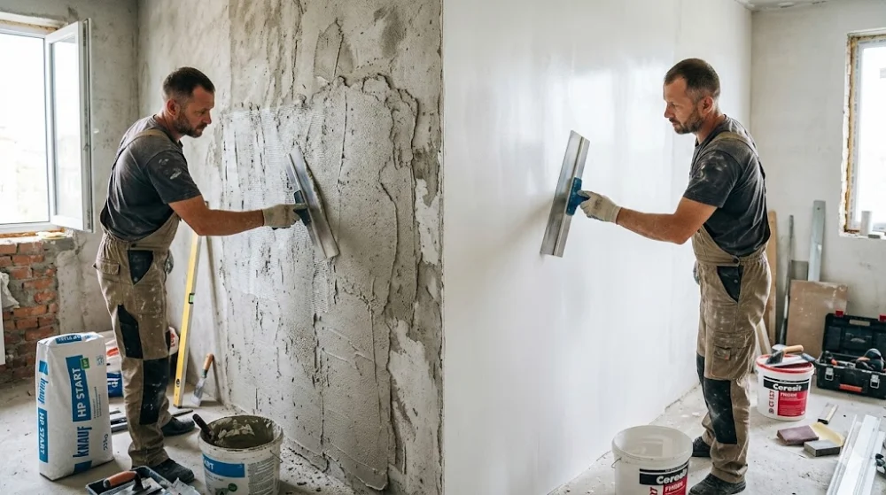 Два етапи шпаклювання стін: нанесення грубої сірої стартової суміші та гладкої білої фінішної пасти