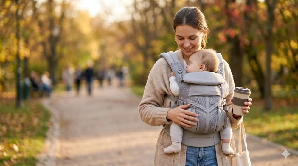 Жінка гуляє осіннім парком, несучи немовля у сірому ерго-рюкзаку. Дитина спить, мама посміхається і тримає каву