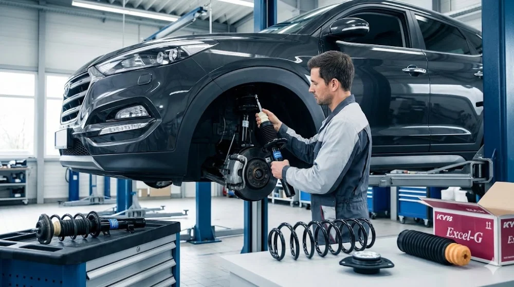 Механік у автосервісі встановлює новий амортизатор, поруч лежать пружини та запчастини підвіски