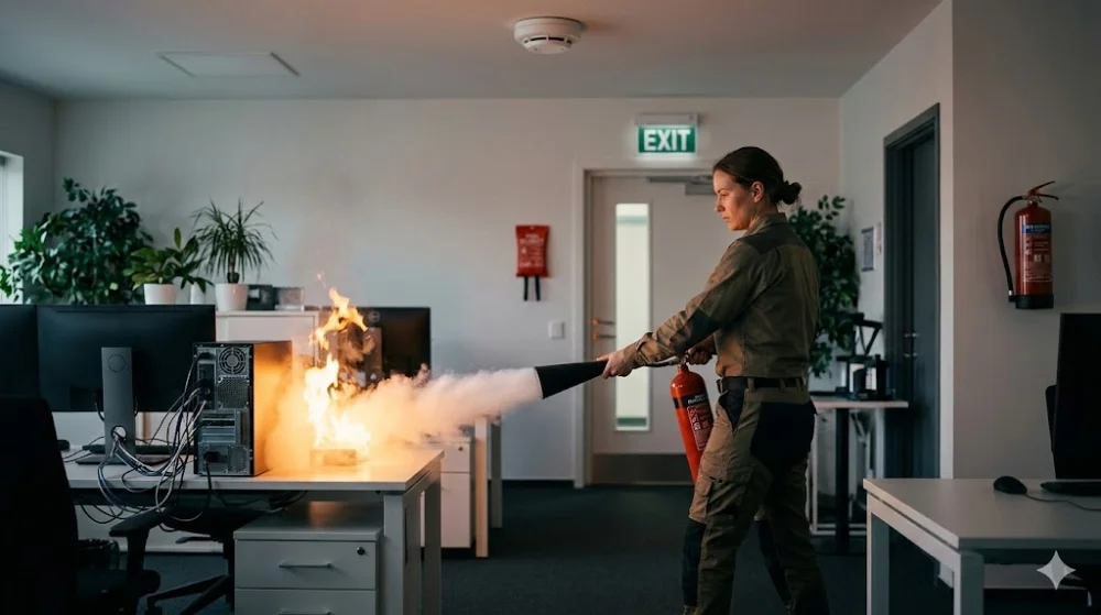 Жінка гасить загоряння комп'ютера в офісі вогнегасником, направляючи розтруб на основу полум'я