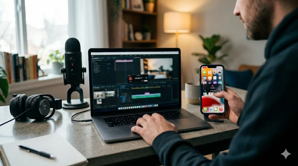 Чоловік працює в домашній студії за ноутбуком, тримаючи iPhone; поруч стоїть професійний мікрофон і навушники