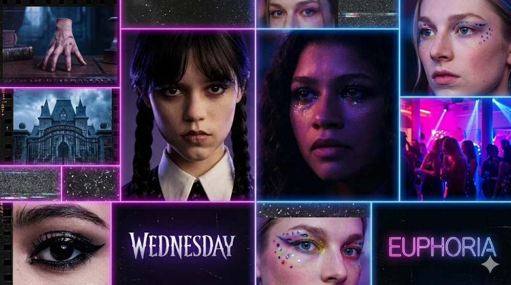 Стилізований колаж кадрів у стилі серіалів Wednesday та Euphoria з готичними елементами та неоновим макіяжем