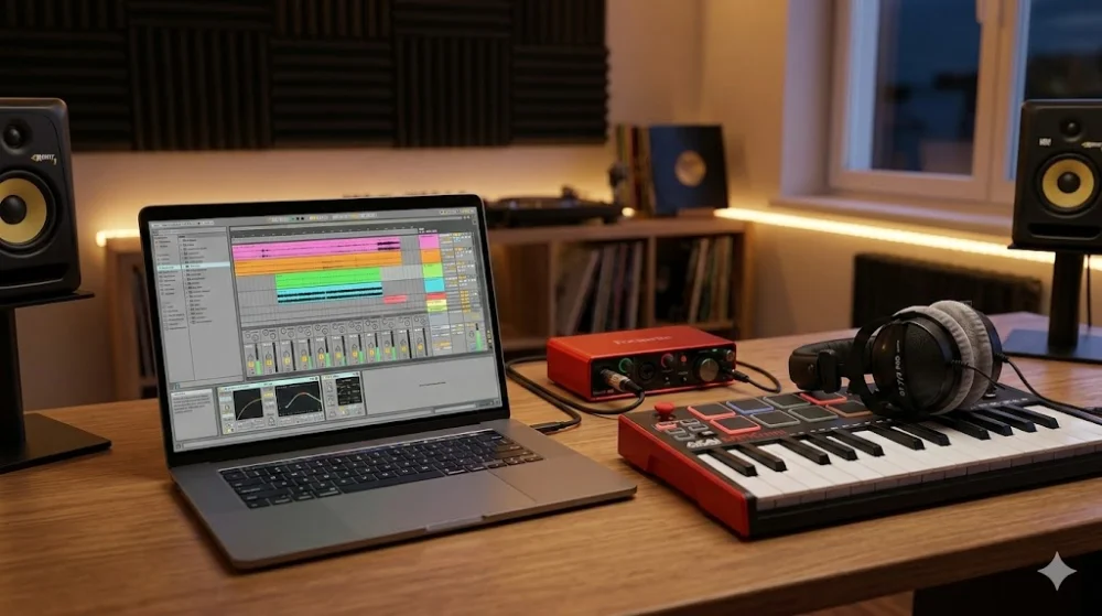 Ноутбук з відкритою програмою Ableton Live, MIDI-клавіатурою, аудіоінтерфейсом Focusrite та навушниками в домашній студії