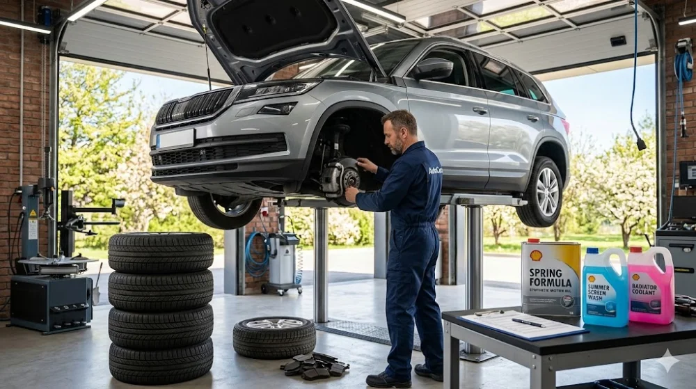 Кросовер на підйомнику в автосервісі навесні, механік оглядає гальма, поруч стоять нові шини та моторна олива