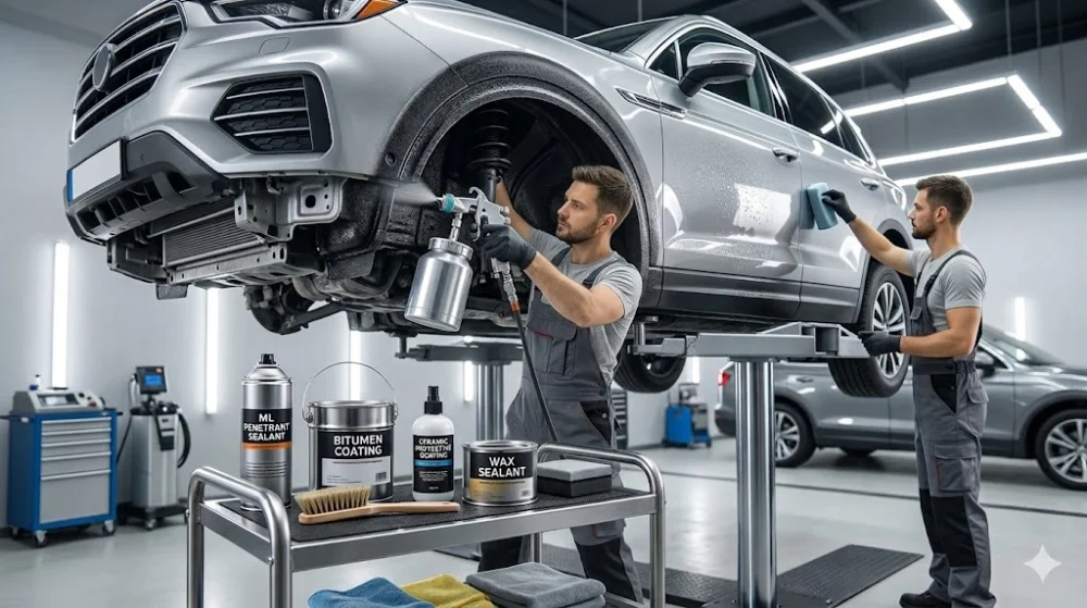 Процес антикорозійної обробки арок та нанесення захисного воску на кузов автомобіля в автосервісі