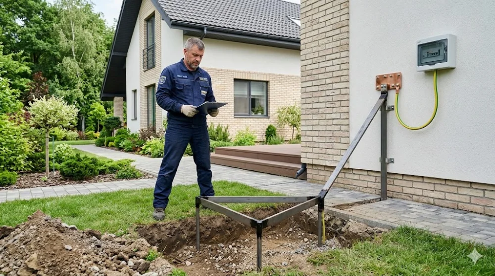 Майстер перевіряє установку заземлювальних стрижнів і мідної шини на стіні будинку з електрощитом