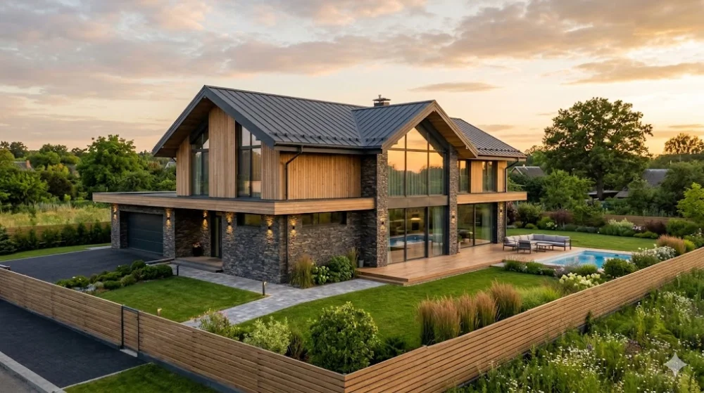 Сучасний приватний будинок з оздобленням деревом та каменем, басейном та садом у вечірніх променях сонця