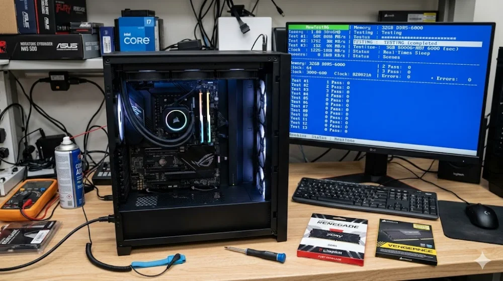 Тестування оперативної пам'яті за допомогою MemTest86 на комп'ютері з відкритим корпусом та інструментами