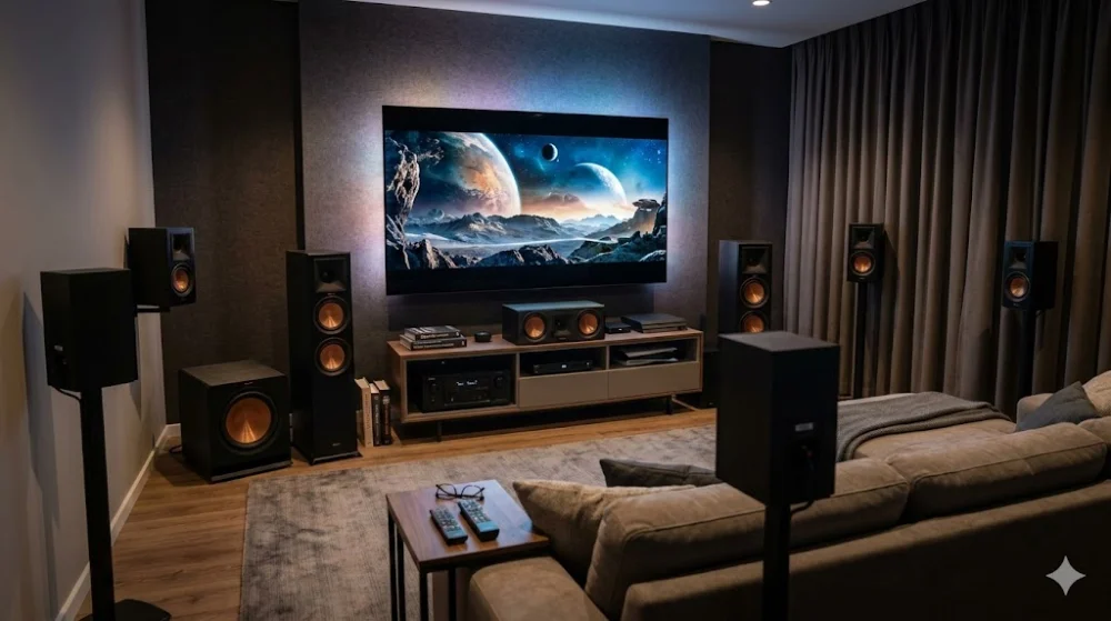 Сучасна вітальня з великим диваном і домашнім кінотеатром: телевізор із космічною сценою, колонки та сабвуфер
