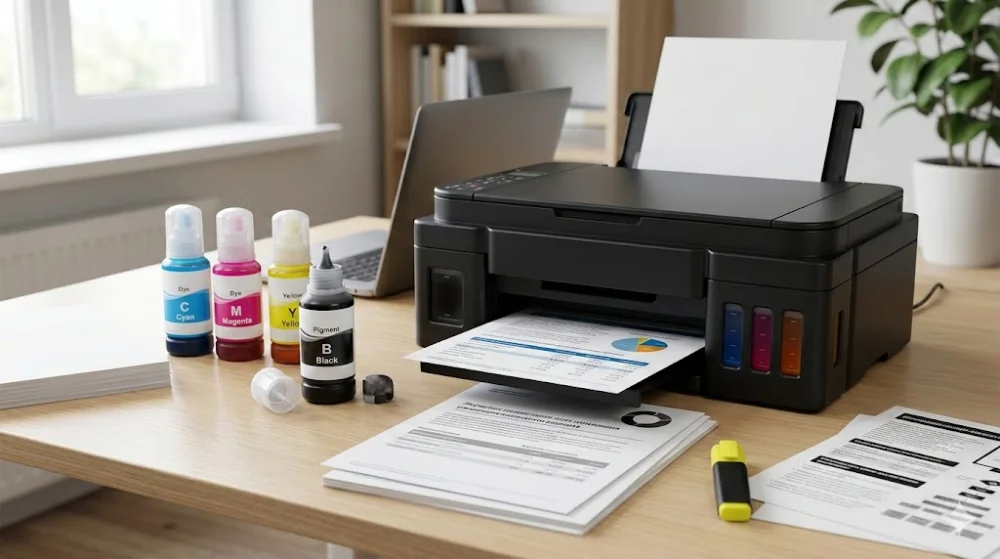 Заправка БФП з СБПЧ: чорнила Dye і Pigment та готові документи на дерев'яному столі в офісі