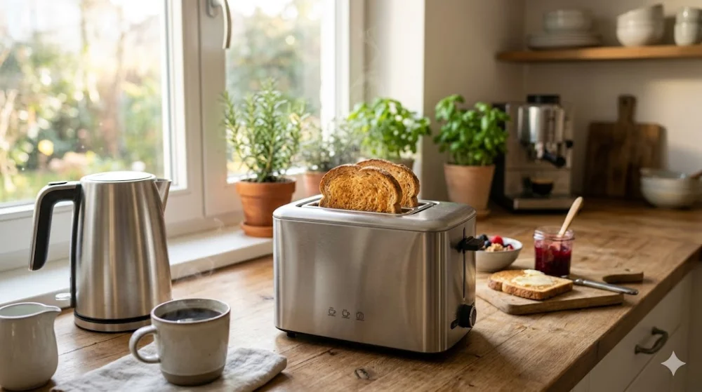Тостер із підсмаженим хлібом на кухні біля вікна, поруч чайник, кава та фрукти