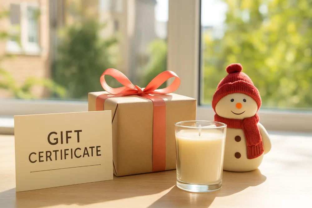 Чотири стильні подарунки на дерев'яній поверхні при денному світлі