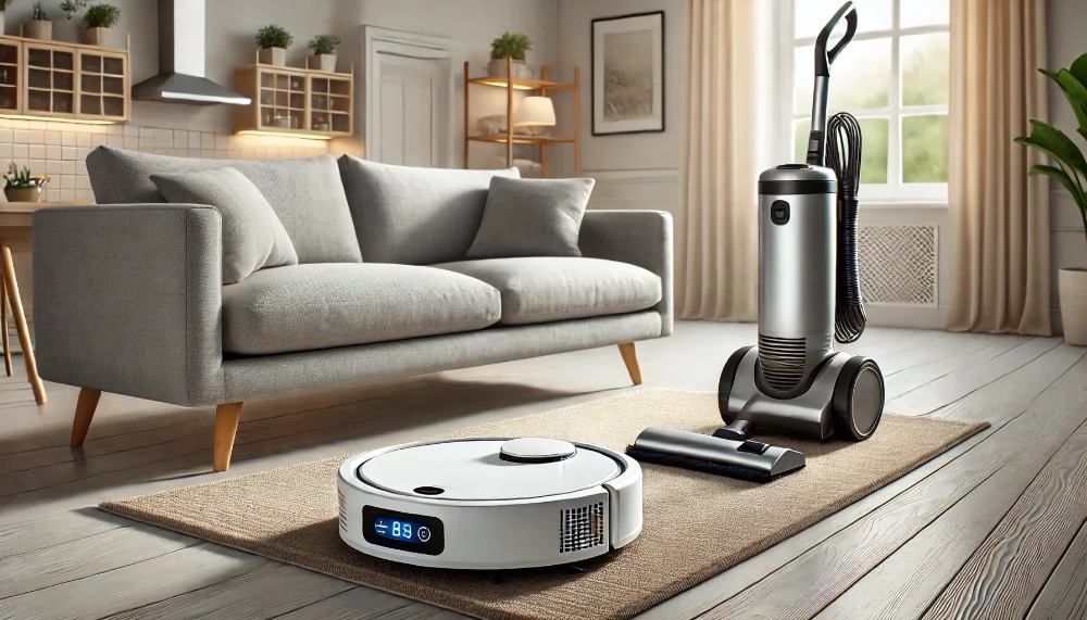 Порівняння робота-пилососа та класичного пилососа у світлій сучасній квартирі