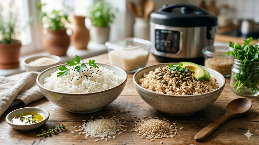 Миски з готовим білим та коричневим рисом на дерев’яному столі