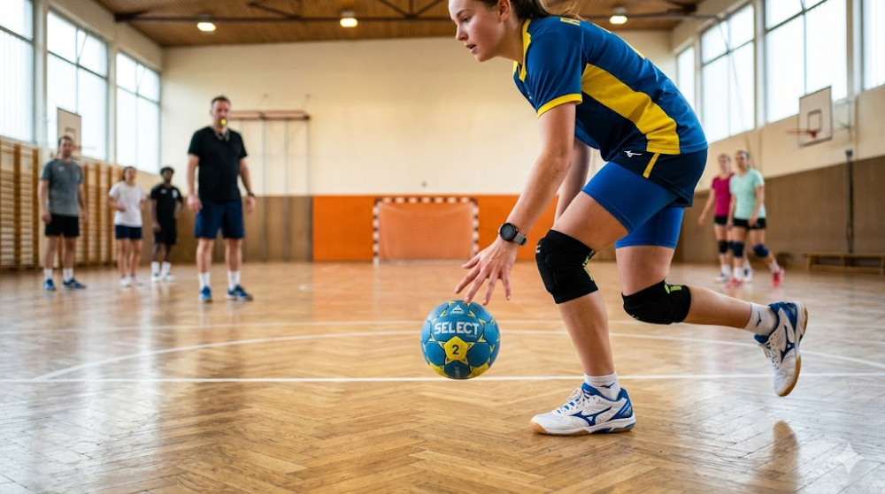 Гандболістка в синьо-жовтій формі дріблює м'яч у залі