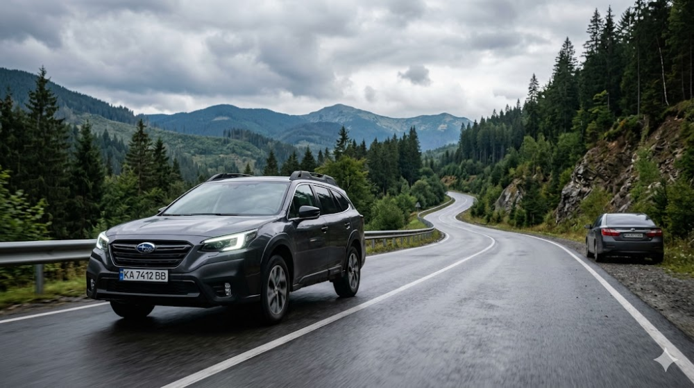 Сірий Subaru Outback на гірській дорозі Карпат
