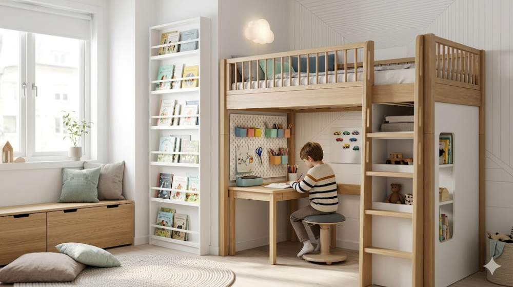 Інтер'єр маленької дитячої з ліжком-горищем
