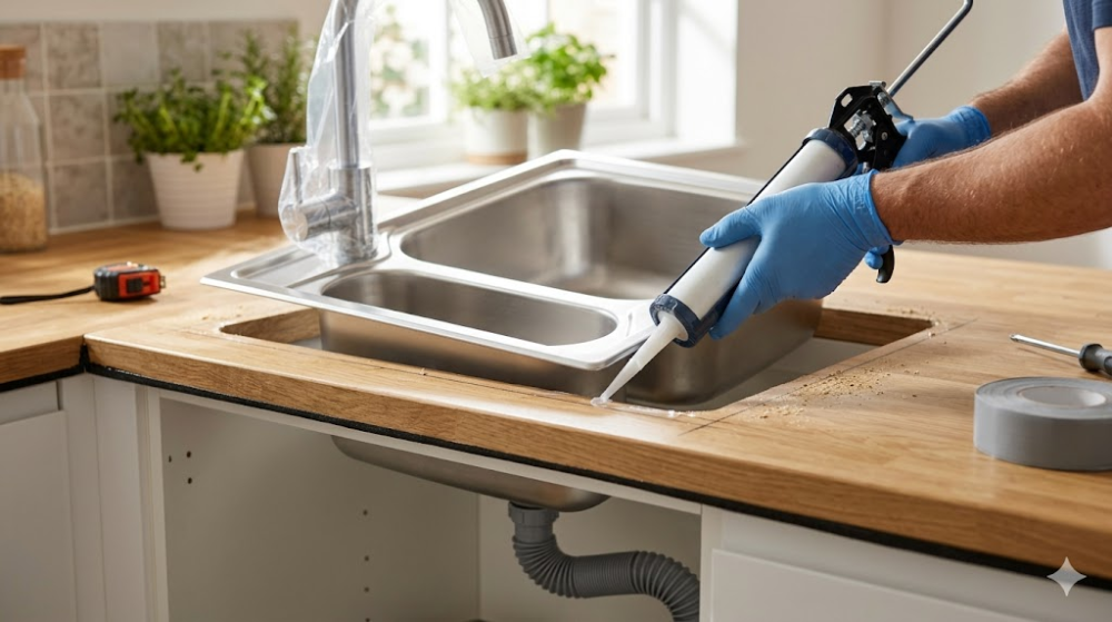 Встановлення кухонної мийки: нанесення герметика